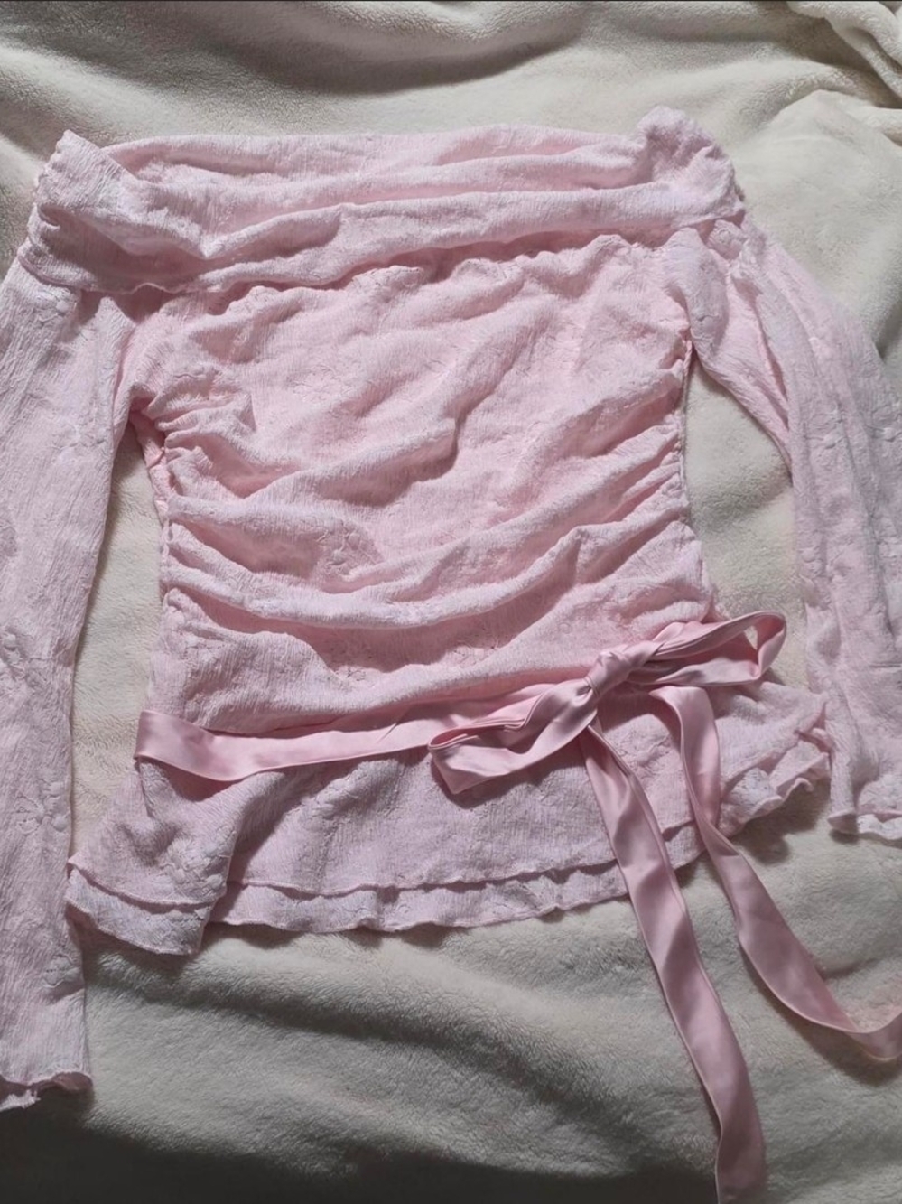 Cider Pink Off-Shoulder Long Sleeve Blouse with Satin Waist Tie